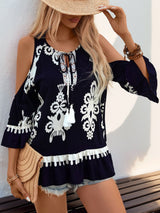 Tassel Printed Tie Neck Cold Shoulder Blouse