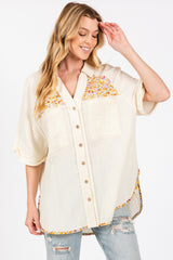 SAGE + FIG Full Size Floral Detail Button Up Short Sleeve Shirt