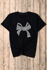 Rhinestone Bow Graphic Round Neck Short Sleeve T-Shirt