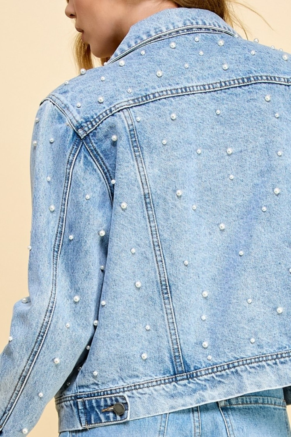 Veveret Button Up Pearl Detail Long Sleeve Denim Jacket