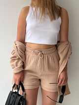 Texture Button Up Shirt and Drawstring Shorts Set