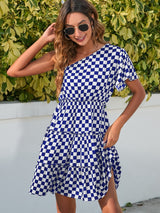 Checkered Single Shoulder Mini Dress