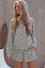 Animal Print Drawstring Detail Hoodie and Shorts Lounge Set