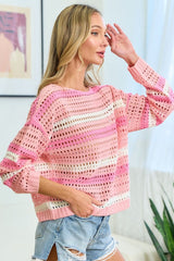 First Love Striped Long Sleeve Openwork Knit Top