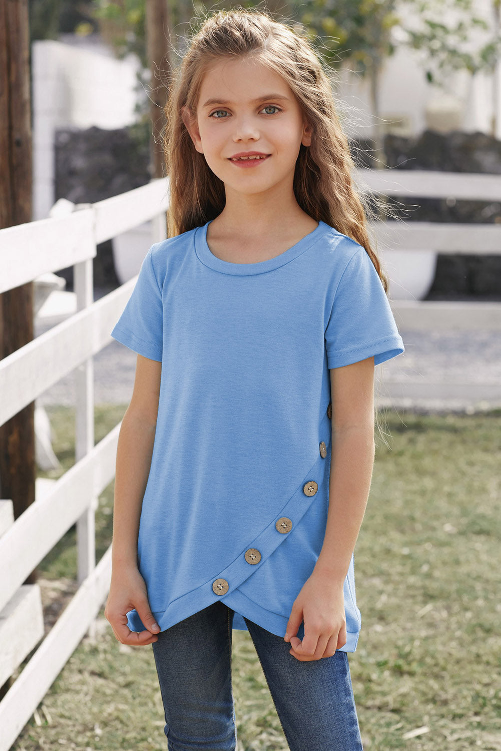 Girls Buttoned Tulip Hem T-Shirt