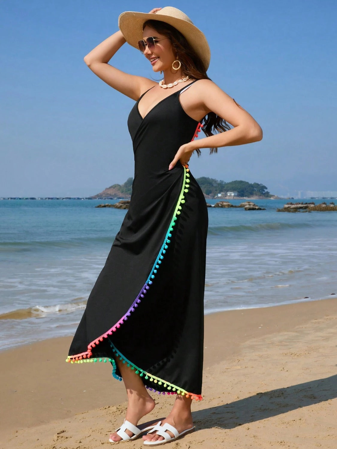 Rainbow Pompom Trim Spaghetti Strap Cover-Up