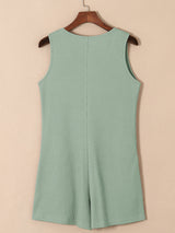 Waffle-Knit Half Button Sleeveless Romper with Pockets