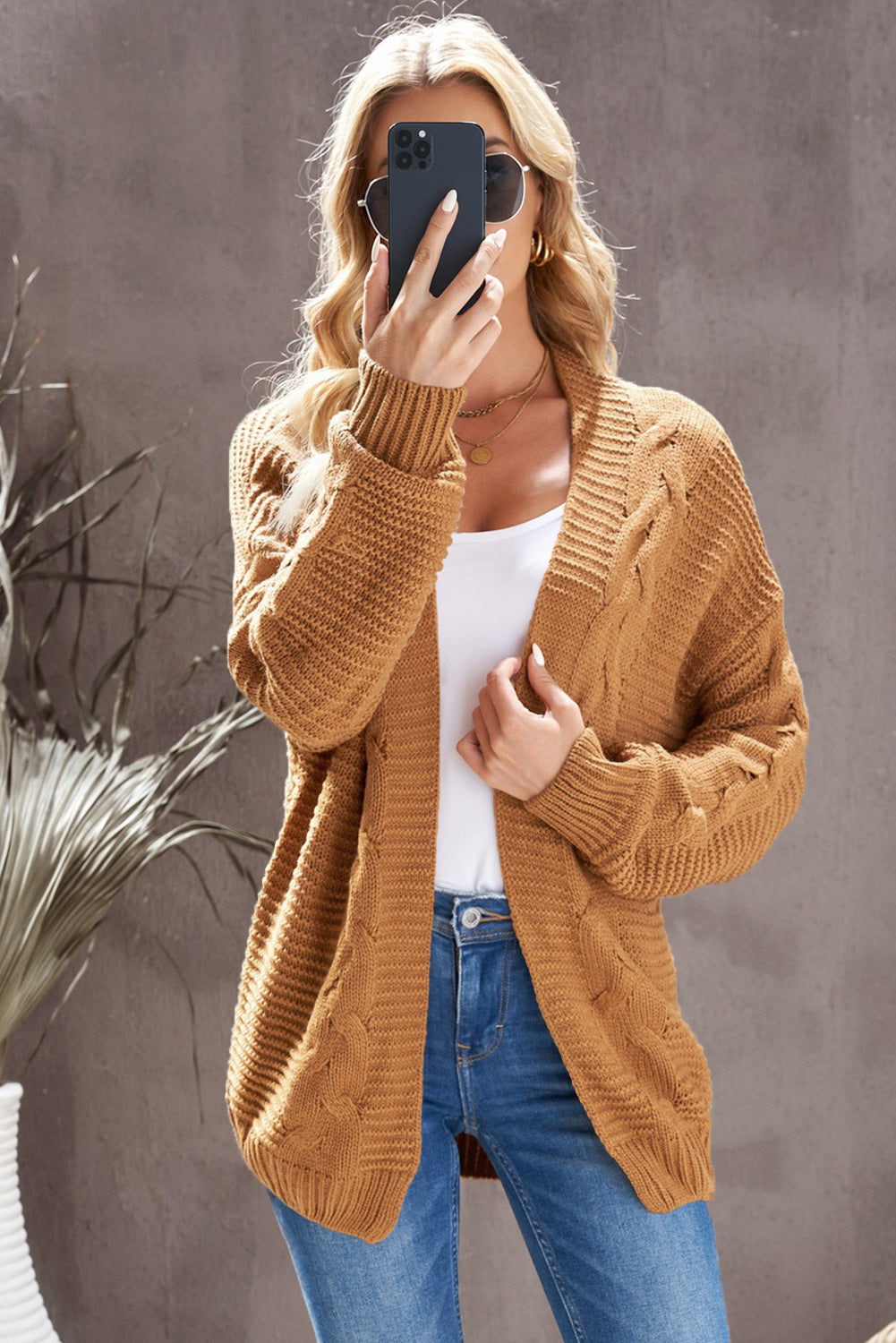 Waffle-Knit Open Front Dropped Shoulder Sweater